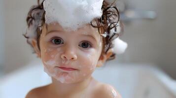 ai generato un' carino poco bambino con poco schiuma su il suo testa. ai generato foto