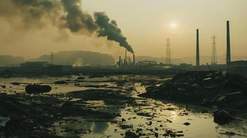 un' inquinata città con un' grande quantità di Fumo e un' sole nel il sfondo foto