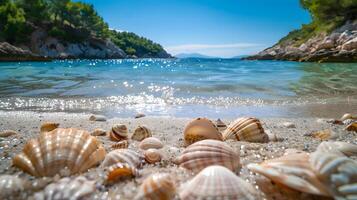 ai generato azzurro costa di il oceano con palma alberi, sabbia, Surf e conchiglie. ai generato foto