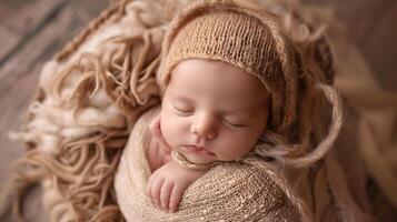 ai generato un' bellissimo neonato bambino nel morbido confortevole Abiti. ai generato foto