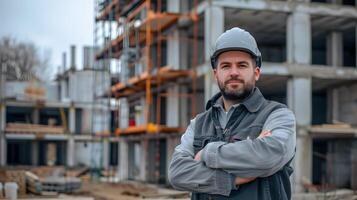 ai generato un' uomo, un' lavoratore, un' costruttore di professione, nel un' uniforme e un' casco. ai generato foto