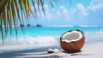 ai generato tropicale spiaggia Paradiso con Noce di cocco e palma fronde foto