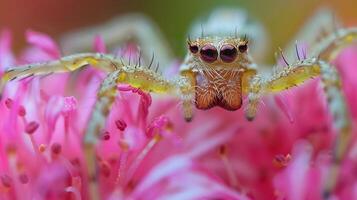 ai generato salto ragno su vivido rosa fiore macro fotografia foto
