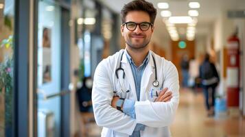 ai generato ritratto di un' maschio medico lavoratore con un' stetoscopio. ai generato foto