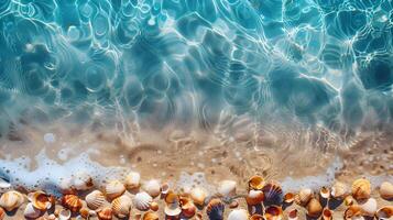 ai generato azzurro costa di il oceano con palma alberi, sabbia, Surf e conchiglie. ai generato foto