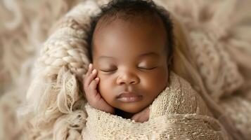 ai generato un' bellissimo neonato bambino nel morbido confortevole Abiti. ai generato foto