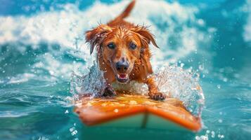 ai generato contento cane fare surf, concetto di estate attività a mare, vacanza. generativo ai foto