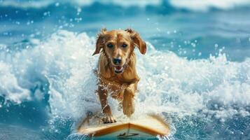 ai generato contento cane fare surf, concetto di estate attività a mare, vacanza. generativo ai foto