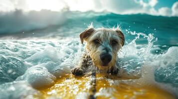 ai generato contento cane fare surf, concetto di estate attività a mare, vacanza. generativo ai foto