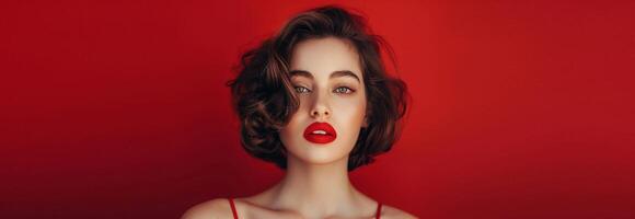 ai generato grave giovane donna con rosso labbra, styled capelli isolato su rosso sfondo foto