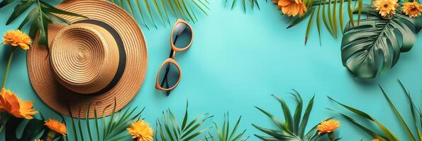 ai generato vivace estate bandiera con sole cappello, occhiali da sole, tropicale foglie, ideale per di stagione marketing e vacanza promozioni foto