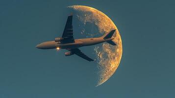 ai generato un aereo volante alto e lento passato un' mezzaluna Luna, rivista stile, Candido scatti foto