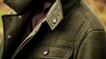 ai generato abbigliamento maschile autunno inverno capi di abbigliamento e tweed accessorio collezione nel il inglese campagna, uomo moda stile, classico signore Guarda foto