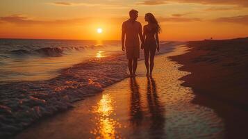 ai generato gioioso momenti di amore e risata catturato nel d'oro tramonto leggero foto