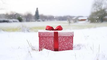 ai generato Natale vacanza regalo e regalo, regalo scatola nel il neve nel nevicata inverno campagna natura per boxe giorno, vacanze shopping vendita foto