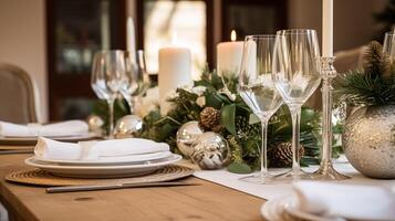 ai generato Natale tavolo arredamento, vacanza tablescape e cena tavolo ambientazione, formale evento decorazione per nuovo anno, famiglia celebrazione, inglese nazione e casa messa in piega foto