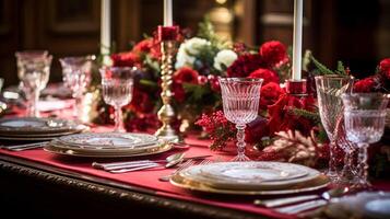 ai generato tavolo arredamento, vacanza tablescape e formale cena tavolo ambientazione per Natale, vacanze e evento celebrazione, inglese nazione decorazione e casa messa in piega foto