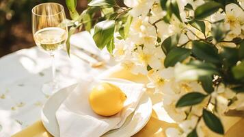 ai generato nozze o formale cena vacanza celebrazione tablescape con limoni e fiori nel il inglese campagna giardino Limone albero, casa messa in piega foto