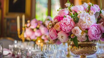 ai generato nozze decorazione con peonie, floreale arredamento e evento celebrazione, peonia fiori e nozze cerimonia nel il giardino, inglese nazione stile foto