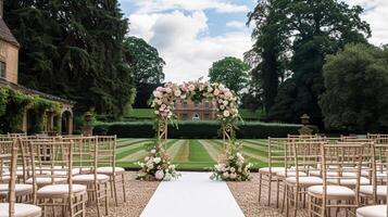 ai generato nozze decorazione con peonie, floreale arredamento e evento celebrazione, peonia fiori e nozze cerimonia nel il giardino, inglese nazione stile foto