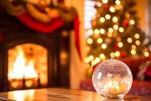 Natale arredamento, vacanza tempo e nazione Villetta stile, accogliente atmosfera, decorazioni nel il inglese campagna Casa con Natale albero e camino su sfondo, inverno vacanze foto