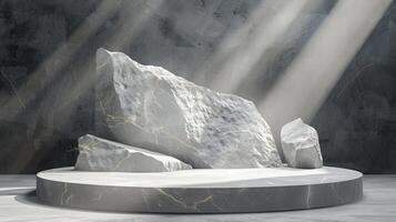 ai generato un' bianca e oro di un' natura marmo piattaforma circondato di rocce. il sfondo è geometrico pietra e roccia forma, minimalista modello per podio Schermo vetrina, studio camera foto