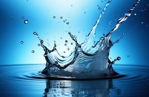 ai generato acqua schizzi, spruzzatura gocciolina nel movimento. blu chiaro puro liquido, acqua. foto