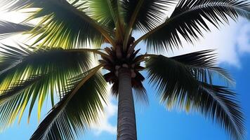 ai generato palma albero, esotico foglia pianta, ombra a partire dal meridionale sole su estate vacanza a mare ricorrere. foto