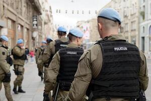 polizia pattugliamento il strade durante proteste. foto