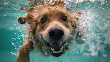 ai generato un' contento cane con grazia nuota, suo pelliccia fluente piace acquatico nuvole. generativo ai. foto