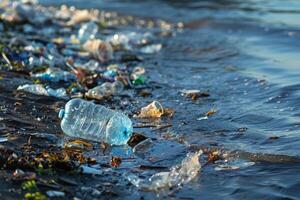 ai generato plastica rifiuto su il riva del mare foto