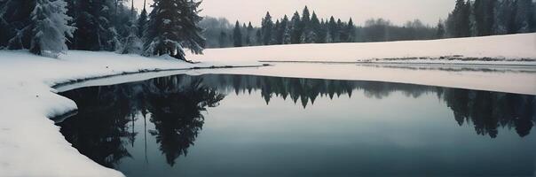 ai generato paesaggio inverno foresta e colline con riflessione nel il acqua. ai generativo foto