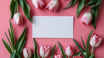 ai generato La madre di giorno, San Valentino giorno sfondo concetto con tulipano fiore, vuoto saluto carta. foto