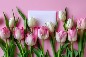 ai generato La madre di giorno, San Valentino giorno sfondo concetto con tulipano fiore, vuoto saluto carta. foto