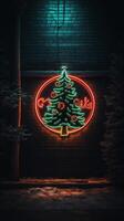 ai generato ai generato neon Natale albero leggero su il parete foto