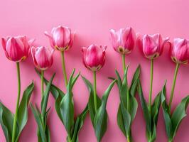 ai generato La madre di giorno, San Valentino giorno sfondo concetto con tulipano fiore, vuoto saluto carta. foto