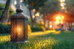 ai generato ai generativo foto di un' Ramadan lanterna nel gaeden