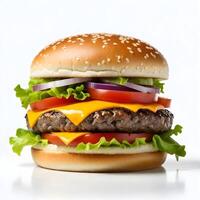 ai generato gustoso hamburger isolato su bianca sfondo fresco Hamburger Fast food con Manzo e formaggio foto
