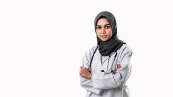 ai generato medico assistenza sanitaria professionale nel hijab con stetoscopio foto