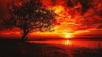 ai generato bellissimo tramonto al di sopra di il lago con albero silhouette. naturale sfondo. foto