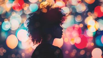 ai generato ritratto di africano americano donna con afro acconciatura e bokeh sfondo foto