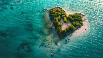 ai generato aereo Visualizza di un' piccolo isola nel il mezzo di il oceano foto