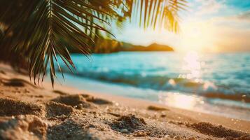 ai generato tropicale spiaggia con Noce di cocco palma albero a tramonto. vacanza sfondo foto