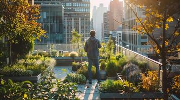 ai generato uomo giardiniere in piedi su balcone di appartamento e assunzione cura di impianti foto