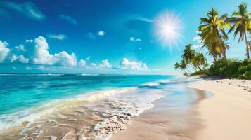 ai generato bellissimo tropicale spiaggia e mare con Noce di cocco palma albero foto