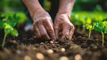 ai generato contadino piantare soia piantine nel il terra, agricoltura concetto foto