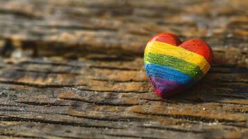 ai generato arcobaleno cuore su un' di legno sfondo. selettivo messa a fuoco. amore. foto