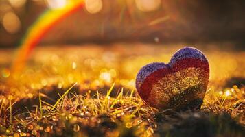 ai generato colorato cuore su il erba con un' arcobaleno nel il sfondo. foto