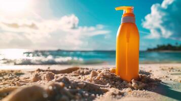 ai generato protezione solare bottiglia su il spiaggia a tramonto volta. sole protezione concetto foto