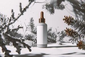 ai generato cosmetico bottiglia con Natale decorazione su bokeh sfondo - bellezza trattamento foto